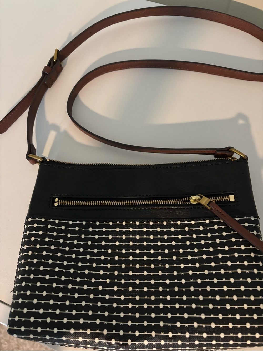 Fossil Black and White Dot Pattern Crossbody with Brown Strap